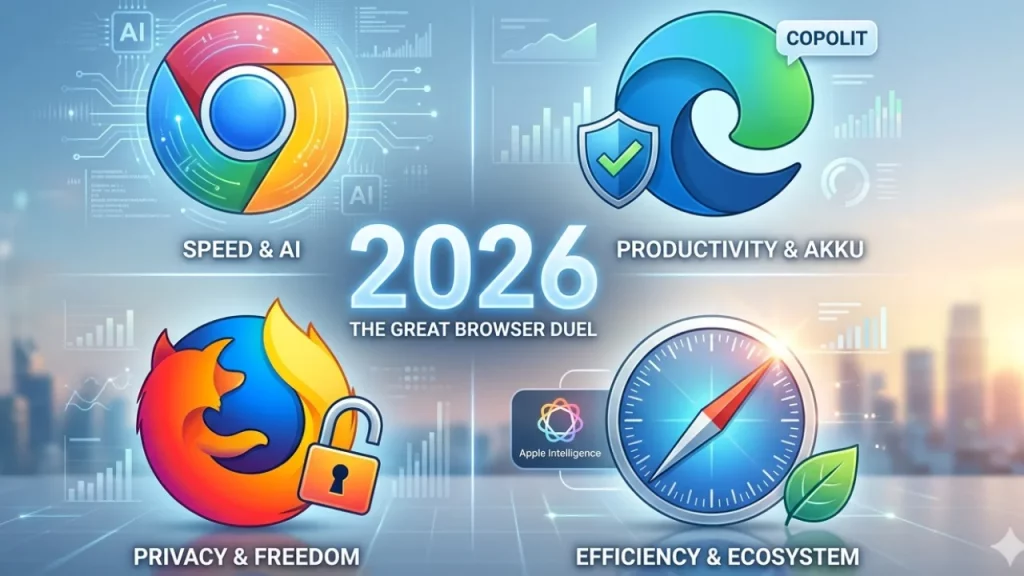Browser Vergleich 2026 Wer gewinnt Chrome, Edge, Safari & Firefox