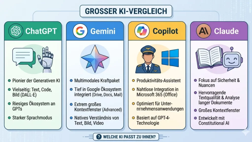 KI-Vergleich 2026 ChatGPT vs. Gemini vs. Copilot vs. Claude
