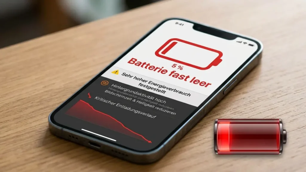 iPhone mit niedrigem Akkustand und Anzeige zum Batterieverbrauch