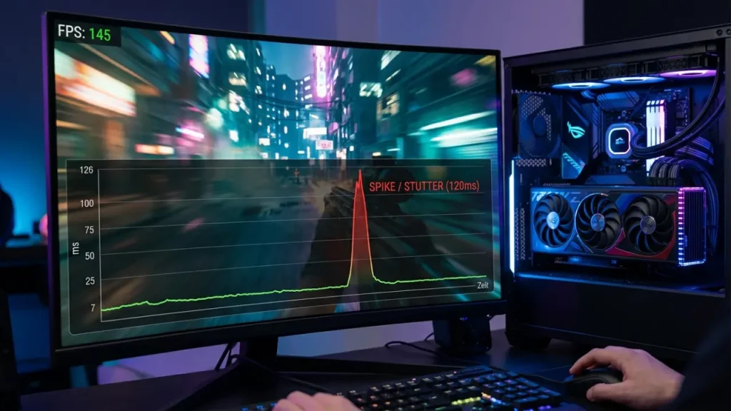 Gaming-PC mit Frametime-Graph und sichtbarem Ruckler beim Spielen