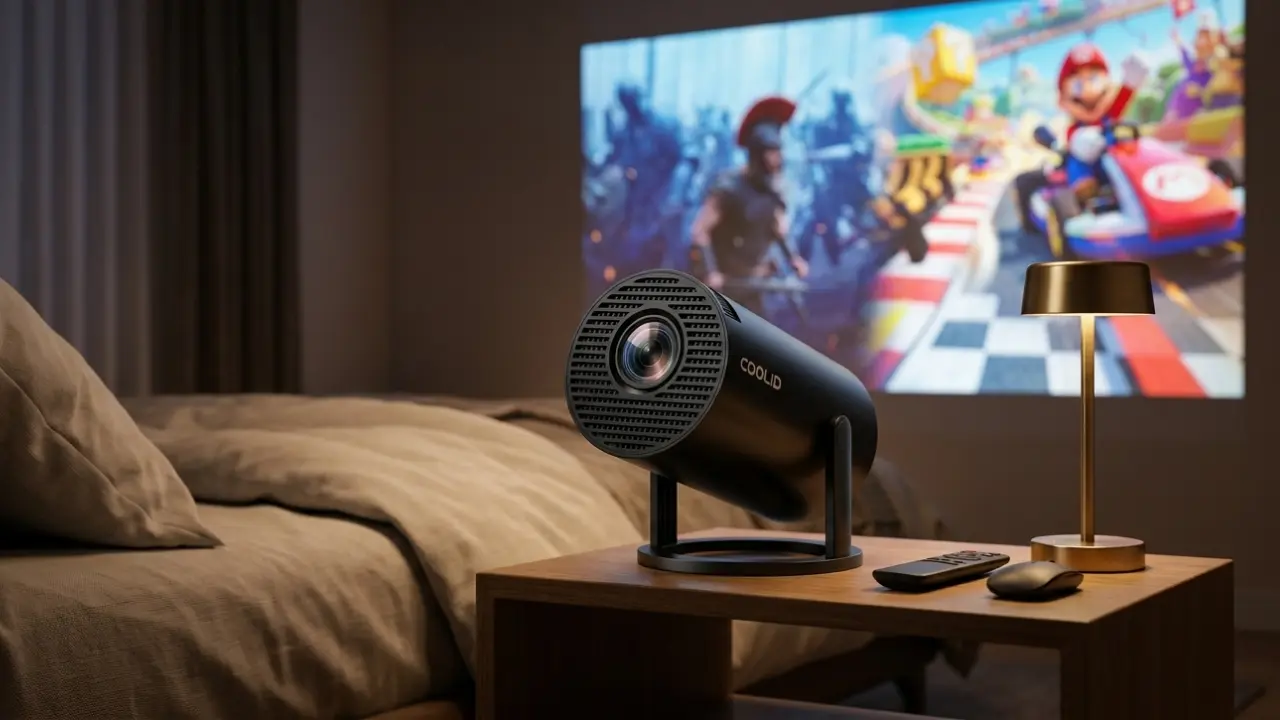 Kompakter Mini-Beamer bei der Filmwiedergabe in einem abgedunkelten Schlafzimmer.