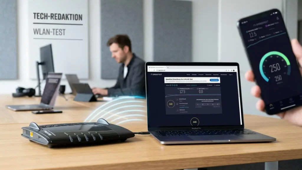 FRITZ!Box mit Laptop und Smartphone bei unterschiedlich schneller WLAN-Verbindung