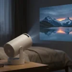 Kompakter Mini-Beamer bei der Filmwiedergabe im abgedunkelten Schlafzimmer.