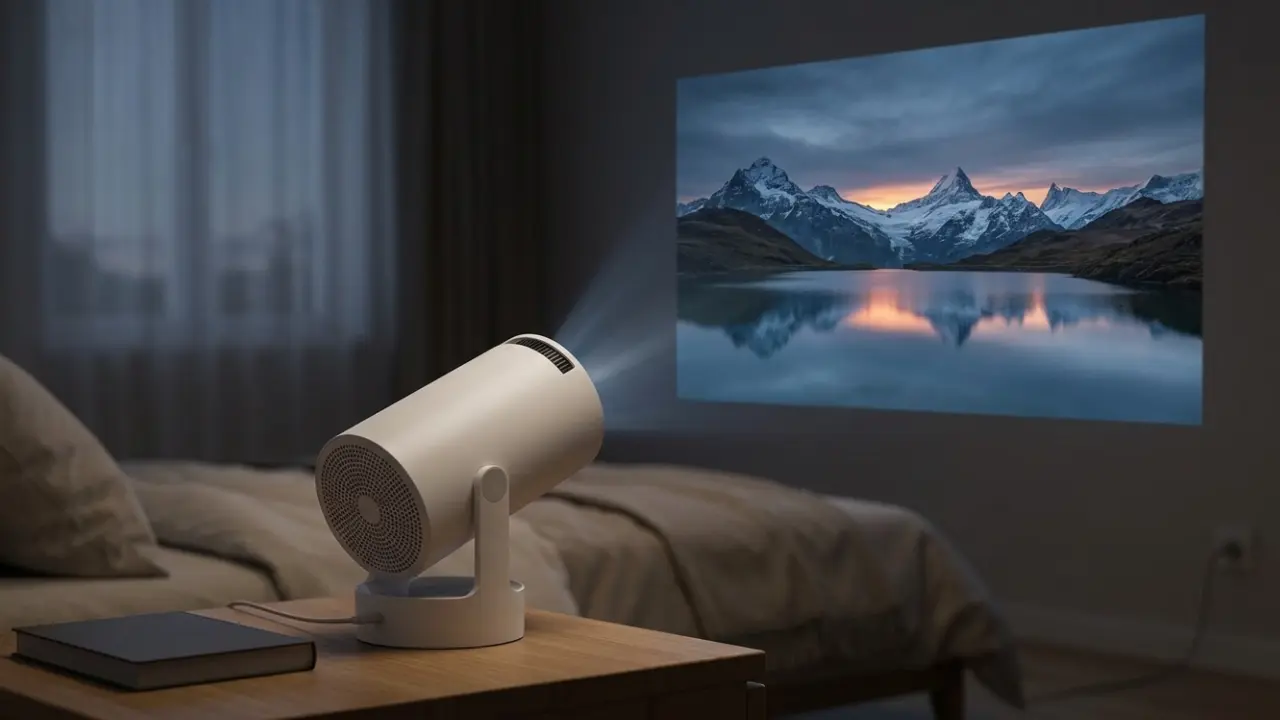 Kompakter Mini-Beamer bei der Filmwiedergabe im abgedunkelten Schlafzimmer.